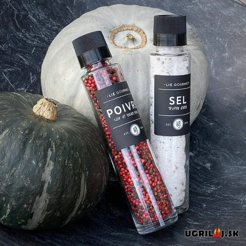 Darčeková sada čierneho, ružového korenia a hľuzovkovej soli Lie Gourmet (mlynček), 2ks