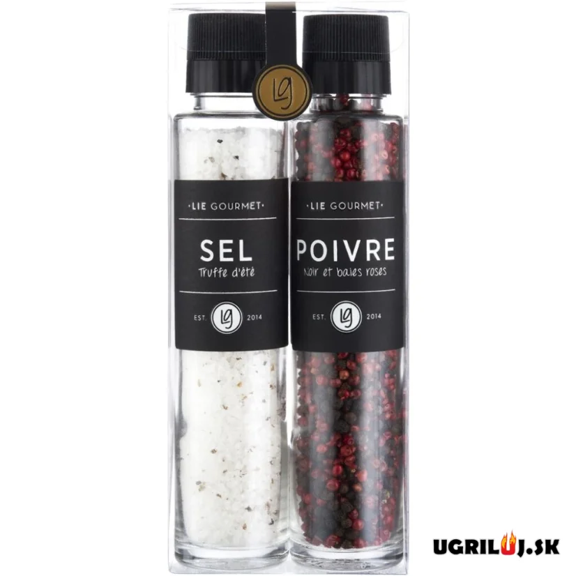 Darčeková sada čierneho, ružového korenia a hľuzovkovej soli Lie Gourmet (mlynček), 2ks