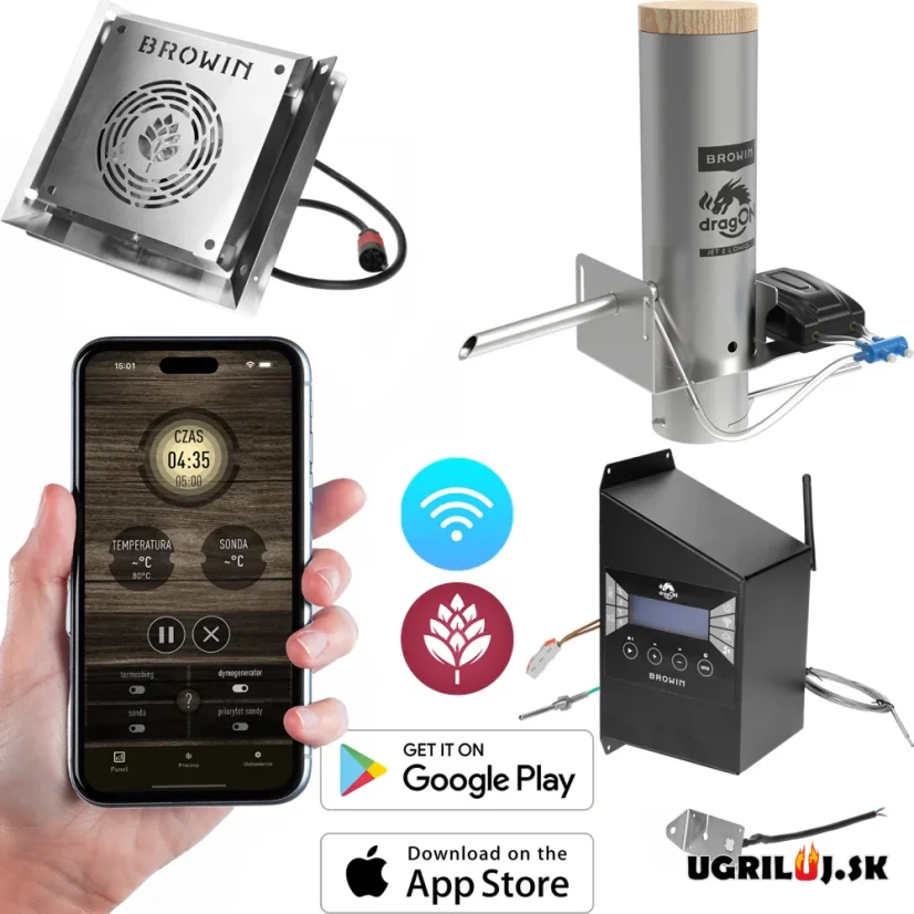 Sada pre vlastnú udiaren Browin dragON, (Generátor dymu s popolníkom JET 2 LONG, Ohrievač s cirkuláciou, Digitálny kontrolér s Wi-Fi), 1500W