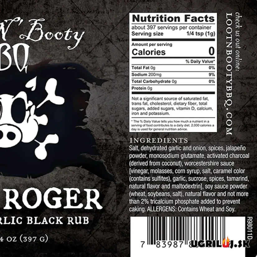 Grilovacie korenie Loot N' Booty - Jolly Roger Jalapeno Garlic Black Rub, 397g