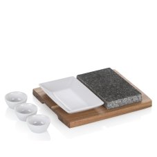 Grilovací kameň na grilovanie Premium set s akáciovou doskou, miskami a tanierom, 29x23cm