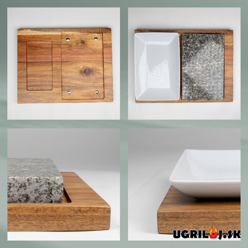 Grilovací kameň na grilovanie Premium set s akáciovou doskou, miskami a tanierom, 29x23cm