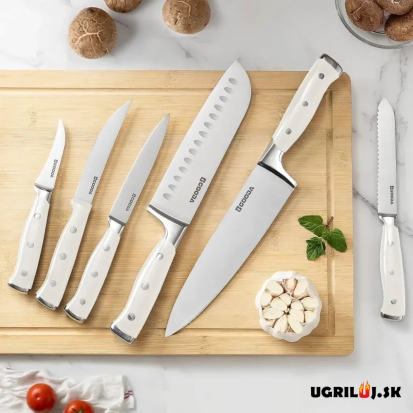Sada kuchynských nožov so stojanom, krémová biela, nerez, 11ks