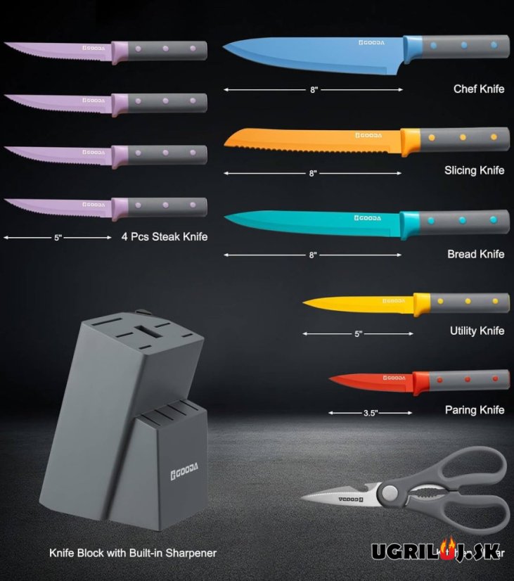 Sada kuchynských nožov so stojanom, colored, nerez, 11ks
