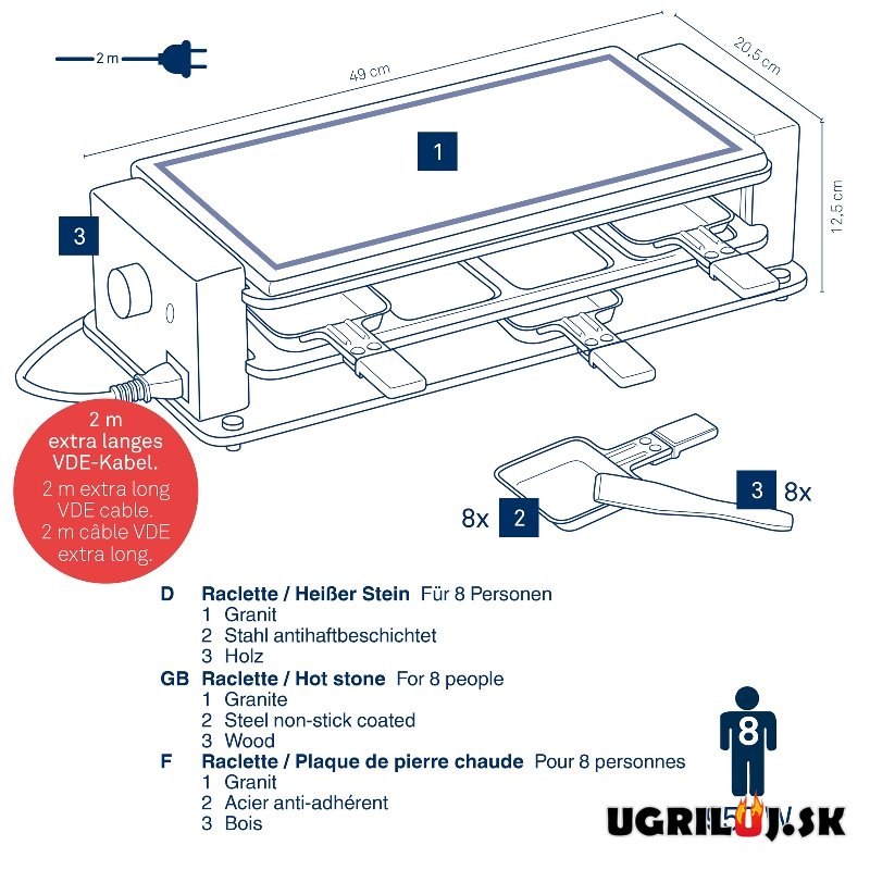 Stolný elektrický gril Raclette, grilovací kámen, 49x21cm