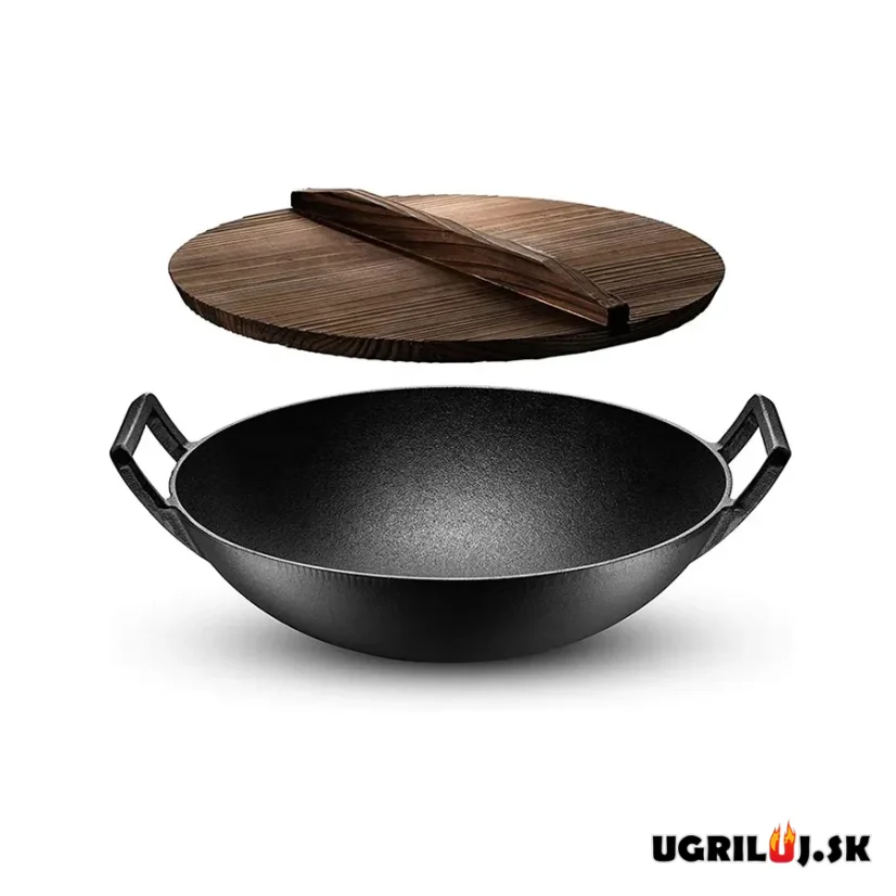 Liatinová panvica/wok s drevenou pokrievkou, 37cm
