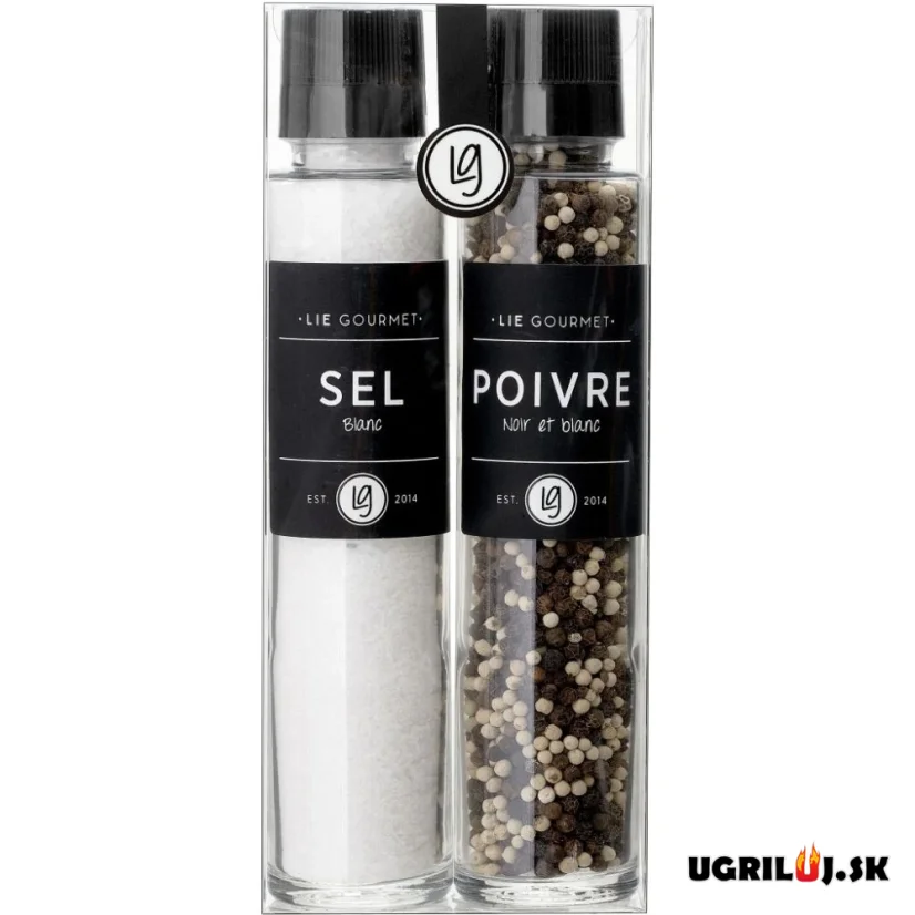 Darčeková sada čierneho a bieleho korenia a morskej soli Lie Gourmet (mlynček), 2ks