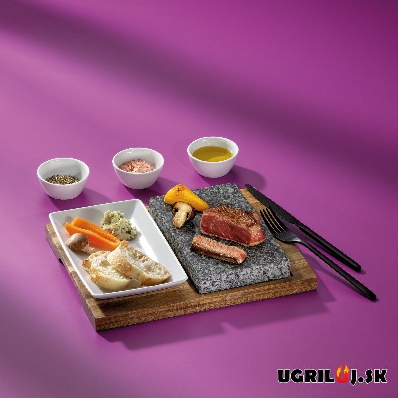 Grilovací kameň na grilovanie Premium set s akáciovou doskou, miskami a tanierom, 29x23cm