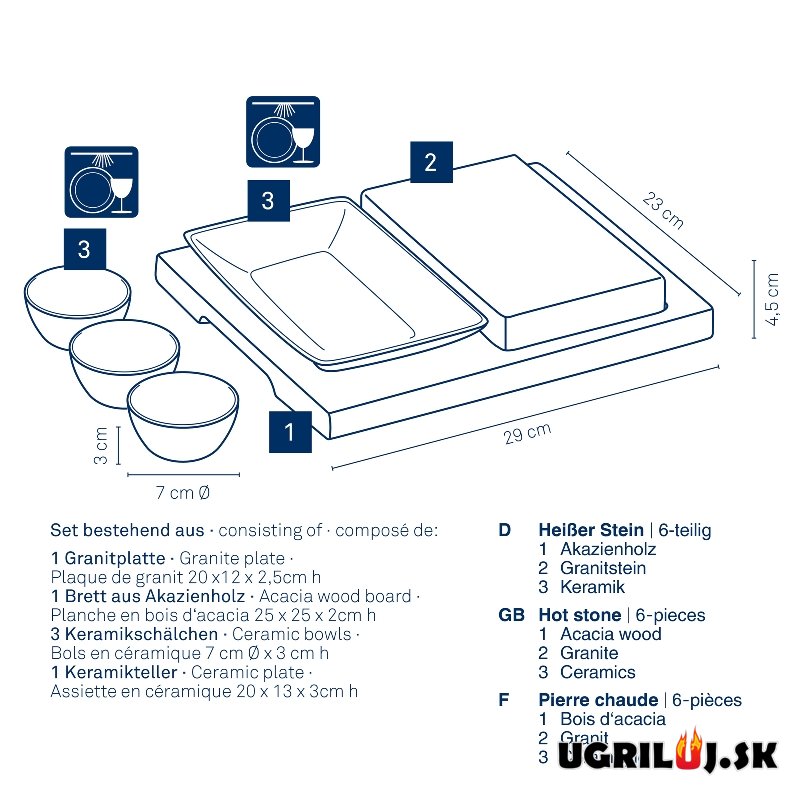 Grilovací kameň na grilovanie Premium set s akáciovou doskou, miskami a tanierom, 29x23cm