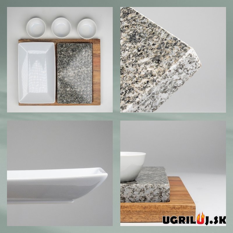 Grilovací kameň na grilovanie Premium set s akáciovou doskou, miskami a tanierom, 29x23cm