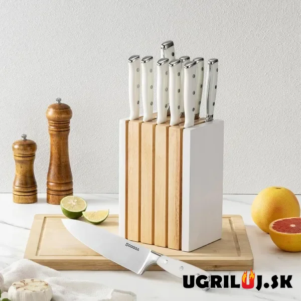Sada kuchynských nožov so stojanom, krémová biela, nerez, 11ks