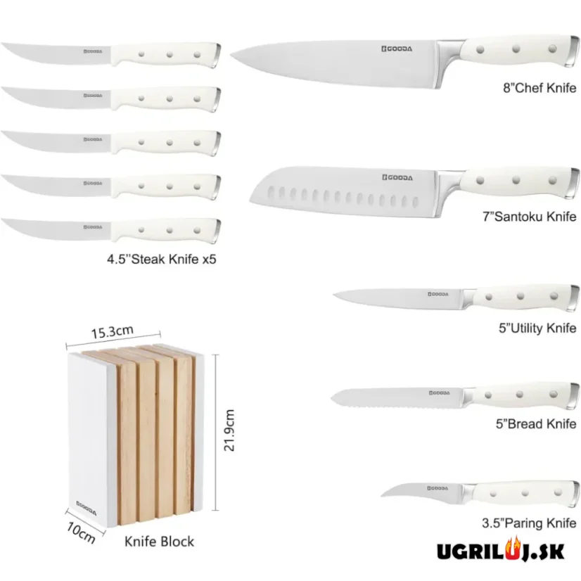 Sada kuchynských nožov so stojanom, krémová biela, nerez, 11ks