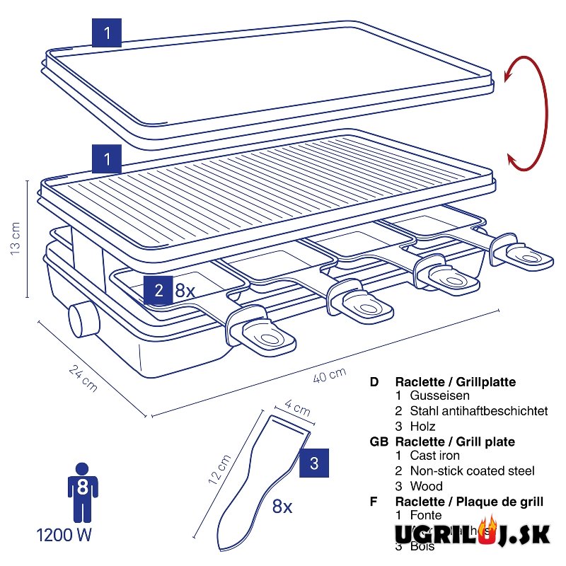 Stolný elektrický gril Raclette, litina, 40x24cm