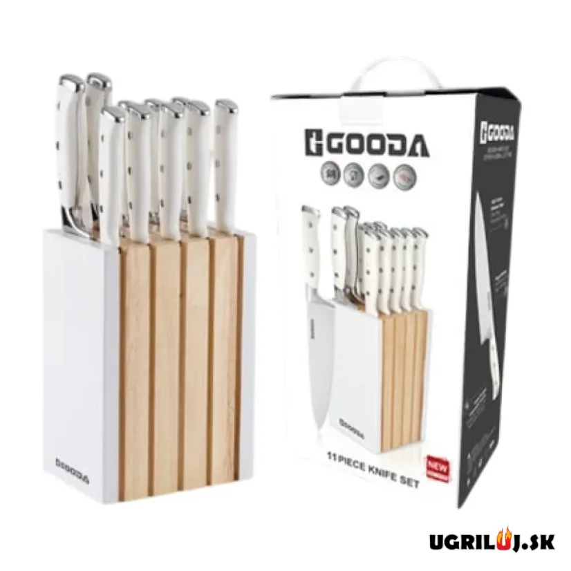 Sada kuchynských nožov so stojanom, krémová biela, nerez, 11ks
