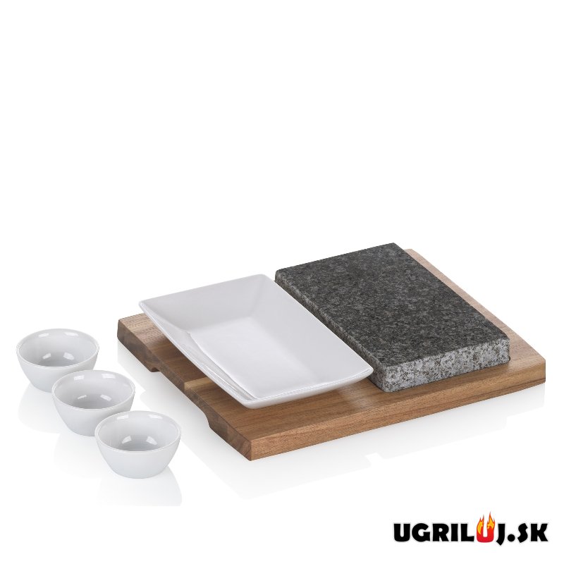 Grilovací kameň na grilovanie Premium set s akáciovou doskou, miskami a tanierom, 29x23cm